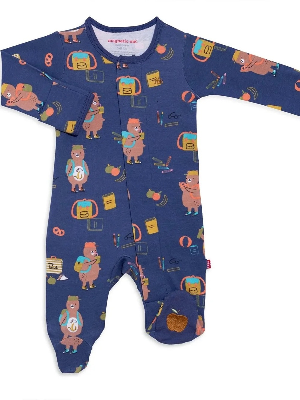 Navy Blue Bear & School Print Footed One-Piece